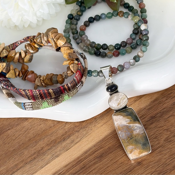 Southwest Jewelry - Onyx Golden Rutile Quartz Ocean Jasper Pendant Necklace Jewelry Set Lot New 925